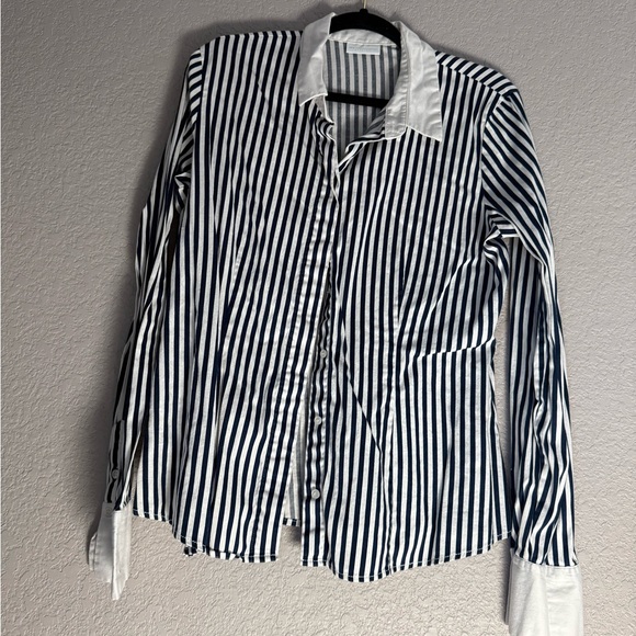 New York & Company White Shirt with Black Vertical Stripes - Picture 3 of 7